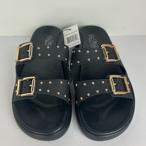 NWT Niki Slip On Sandals Women's 8 Black Wide Strap Gold Buckle Studded Sandals